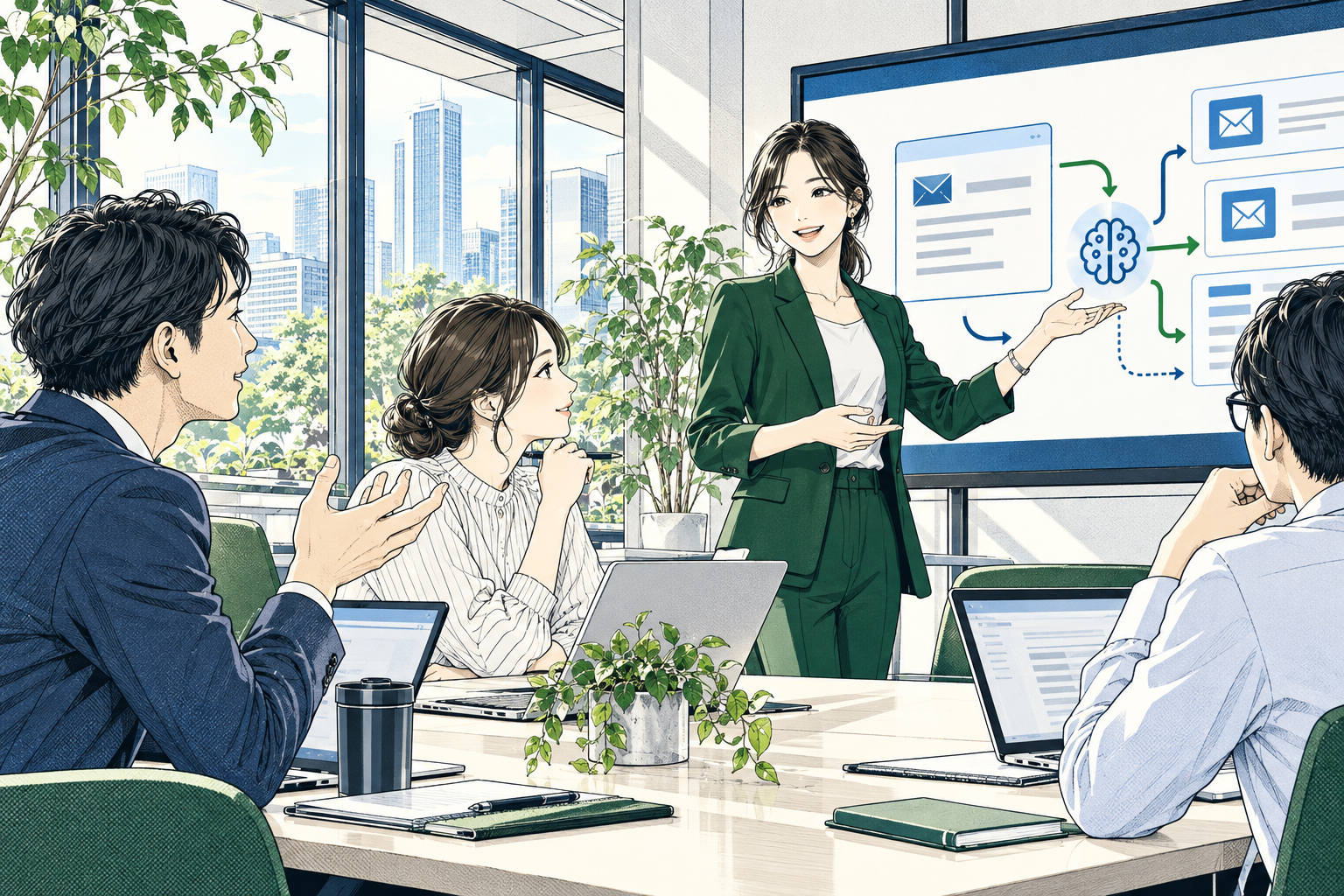 講師と受講者が生成AIによるメール作成を学ぶ漫画イラスト