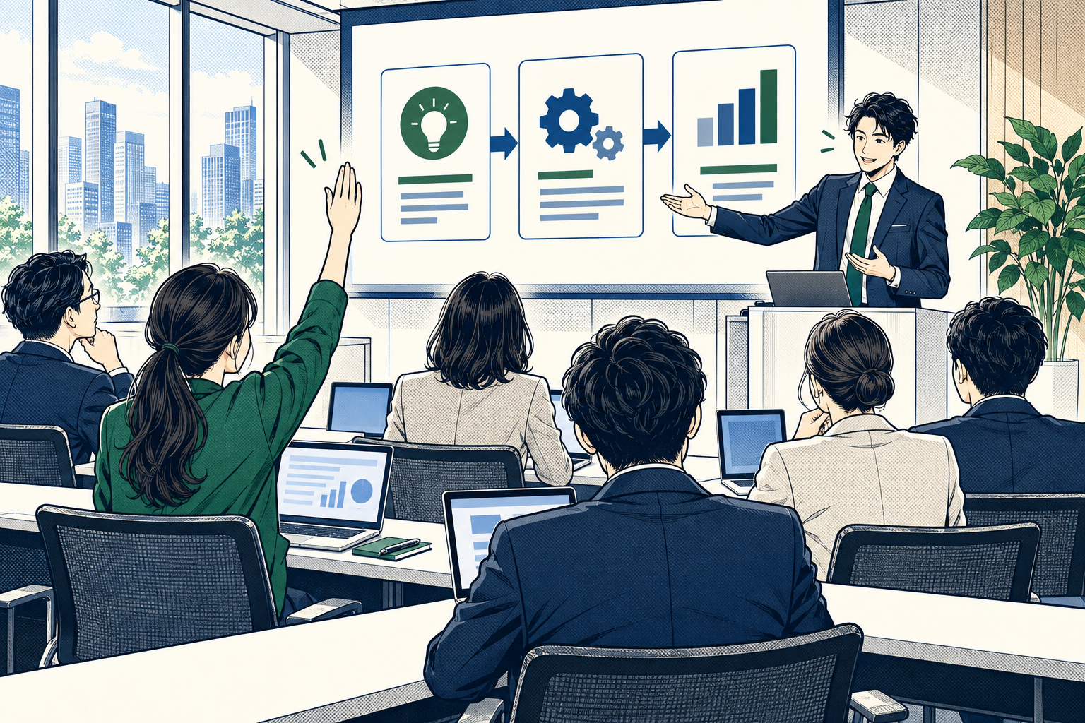 講師の説明を聞き質問する受講者とセミナー会場の漫画イラスト