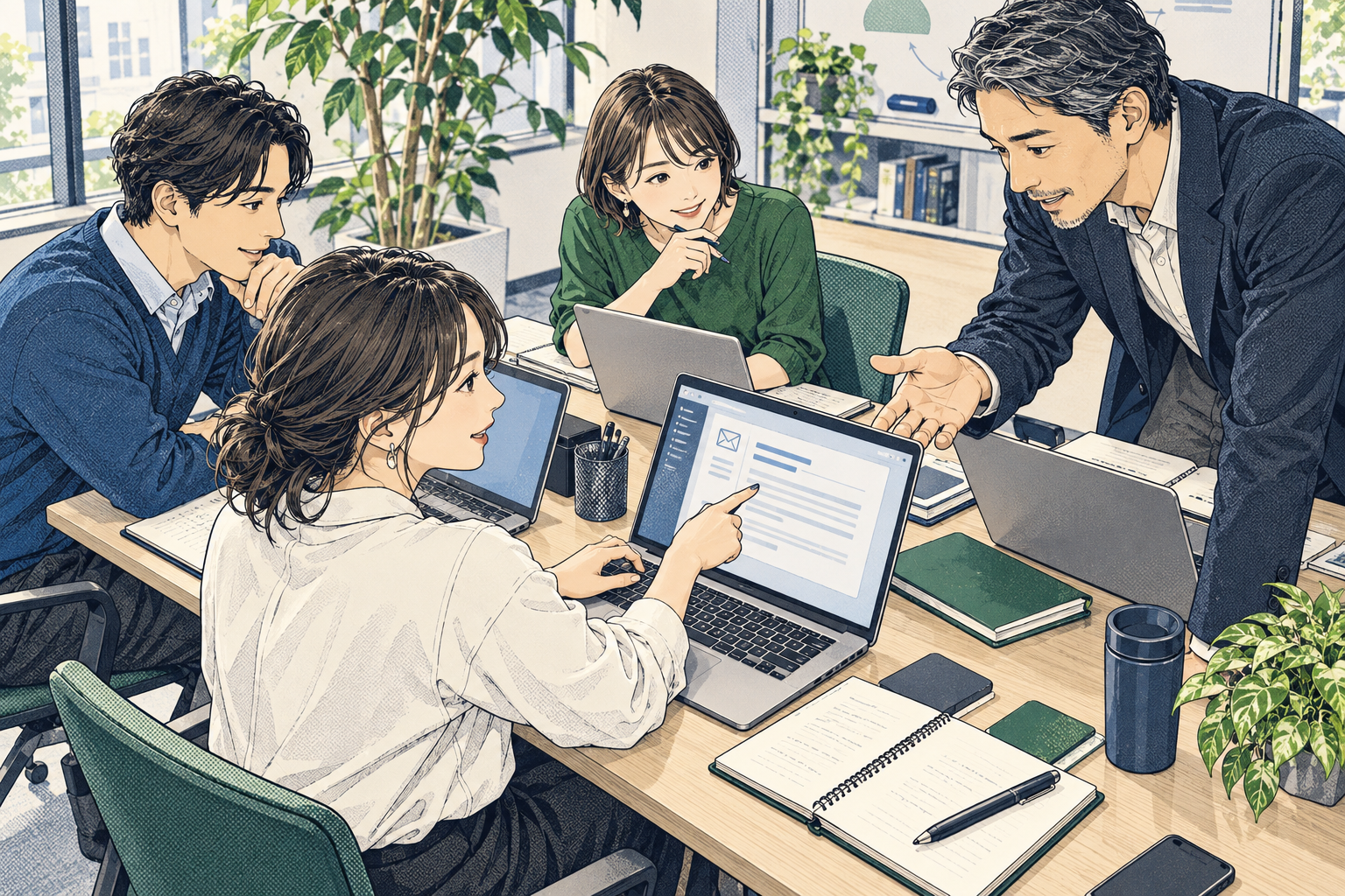 パソコンで生成AIの出力を確認しながら学ぶ受講者の漫画イラスト